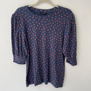Lucky Brand Blue & Pink Polka Dot 3/4 Sleeve Smocked Cuffs Womens Top L